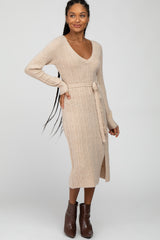 Beige Brushed Cable Knit Sweater Dress