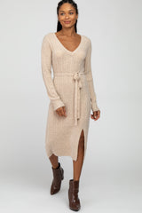 Beige Brushed Cable Knit Sweater Dress