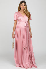 Pink Side Slit Satin Maternity Maxi Dress