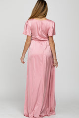 Pink Side Slit Satin Maternity Maxi Dress