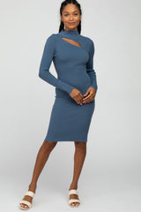 Blue Ribbed Front Cutout Dress