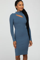 Blue Ribbed Front Cutout Dress