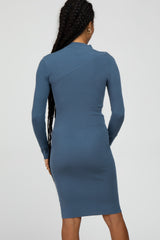 Blue Ribbed Front Cutout Dress