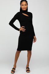 Black Ribbed Front Cutout Dress