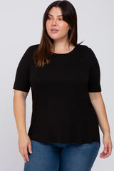 Black Solid Short Sleeve Maternity Plus Top