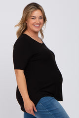 Black Solid Short Sleeve Maternity Plus Top