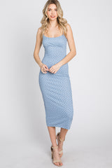 Light Blue Leaf Print Fitted Maternity Midi Dress