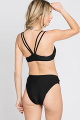 Black Strappy Ruched Front Two-Piece Bikini Set