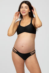 Black Strappy Ruched Front Two-Piece Maternity Bikini Set