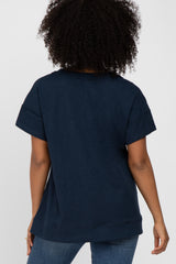 Navy Blue V-Neck Short Sleeve Side Slit Top