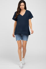 Navy Blue V-Neck Short Sleeve Side Slit Maternity Top