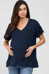 Navy Blue V-Neck Short Sleeve Side Slit Maternity Top