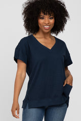 Navy Blue V-Neck Short Sleeve Side Slit Maternity Top