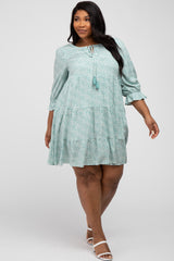 Mint Floral Tiered Long Sleeve Plus Dress