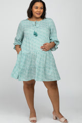 Mint Floral Tiered Long Sleeve Plus Maternity Dress