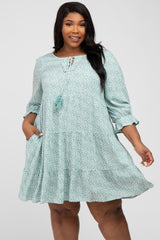 Mint Floral Tiered Long Sleeve Plus Dress