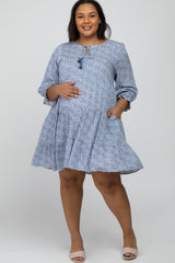 Blue Floral Tiered Long Sleeve Plus Maternity Dress