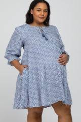 Blue Floral Tiered Long Sleeve Plus Maternity Dress