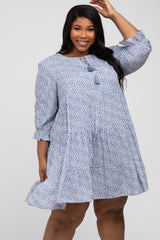 Blue Floral Tiered Long Sleeve Plus Maternity Dress