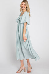 Light Blue Front Tie Ruffle Sleeve Midi Dress