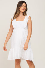 White Ruffle Strap Embroidered Eyelet Maternity Dress