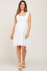 White Ruffle Strap Embroidered Eyelet Maternity Dress