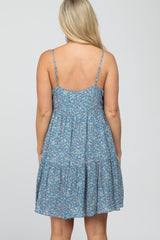 Blue Floral Ruffle Top Button-Down Tiered Maternity Dress