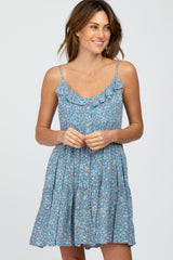 Blue Floral Ruffle Top Button-Down Tiered Dress