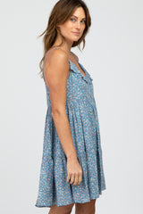 Blue Floral Ruffle Top Button-Down Tiered Dress