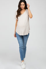 Beige Ribbed V-Neck Short Sleeve Maternity Top