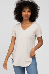 Beige Ribbed V-Neck Short Sleeve Maternity Top