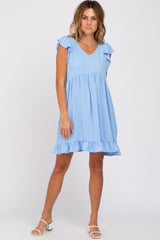 Light Blue Ruffle Hem V-Neck Maternity Dress