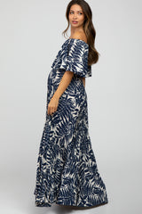 Navy Blue Palm Print Off Shoulder Pleated Maternity Maxi Dress