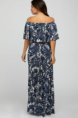 Navy Blue Palm Print Off Shoulder Pleated Maternity Maxi Dress