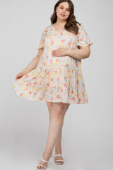 Beige Floral Tiered Maternity Plus Dress