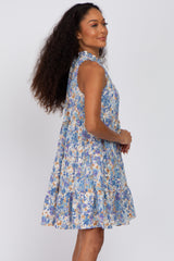 Blue Abstract Print Ruffle Neck Dress