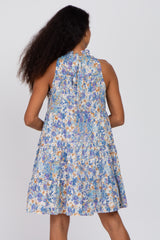 Blue Abstract Print Ruffle Neck Dress