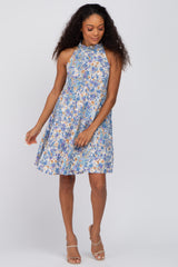 Blue Abstract Print Ruffle Neck Dress