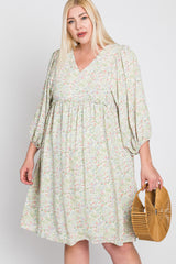 Light Olive Floral Ruffle Waist Maternity Plus Dress