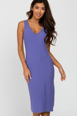 Purple Sleeveless Ribbed Knit Fitted Dress