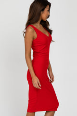 Red Sleeveless Ribbed Knit Fitted Dress