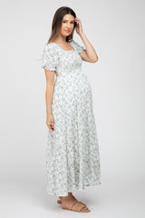 Ivory Floral Smocked Tiered Maternity Maxi Dress