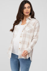 Taupe Plaid Button Front Long Sleeve Maternity Top