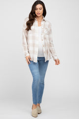 Taupe Plaid Button Front Long Sleeve Maternity Top