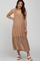 Camel Animal Print Ruffle Hem Maternity Midi Dress