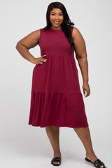 Burgundy Ribbed Sleeveless Plus Maternity Midi Dress