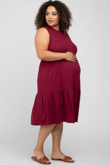 Burgundy Ribbed Sleeveless Plus Maternity Midi Dress