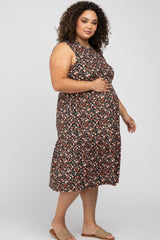 Black Floral Ribbed Sleeveless Plus Maternity Midi Dress