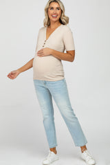 Taupe Ribbed Button Front Maternity Top