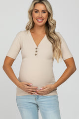 Taupe Ribbed Button Front Maternity Top